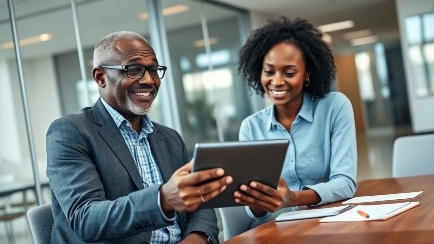 Mature African mentor guiding young woman in workplace training for employee development.