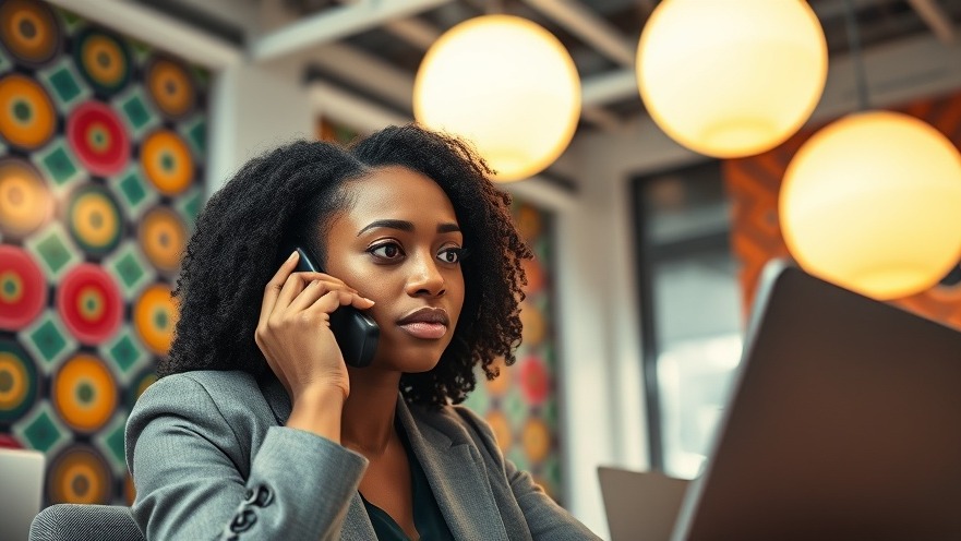 Young African businesswoman engaging in remote work communication in a vibrant modern workspace.