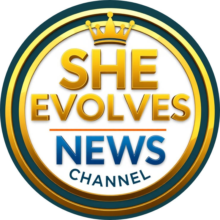 Bold 3D logo for SHE EVOLVES NEWS, featuring vibrant cyan and gold elements.