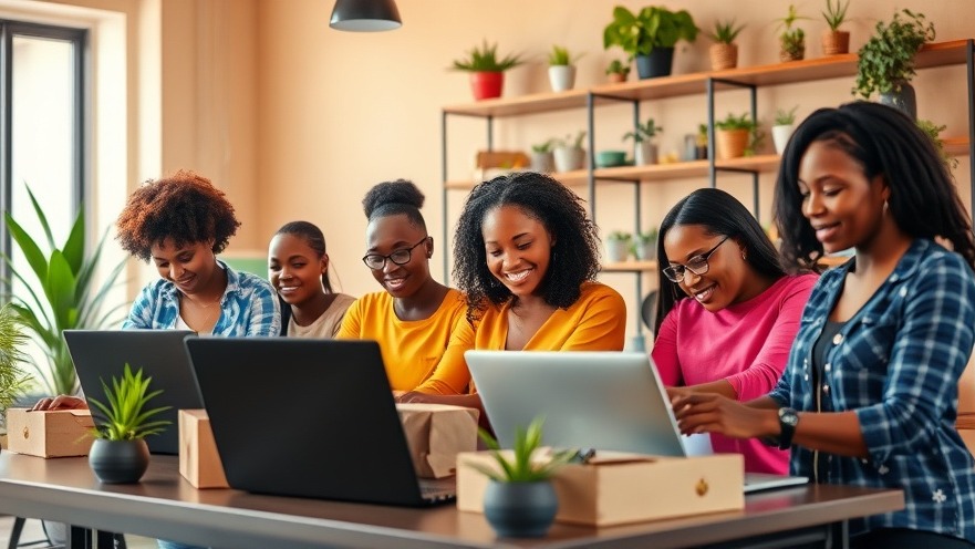 Dynamic scene of women entrepreneurs in a bright office, working on market research.