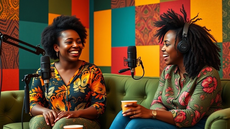 Two joyful African women discussing generational differences in family dynamics, podcast studio.