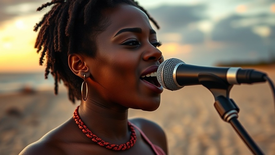 Young African woman singing jazz music passionately at dusk on the beach.