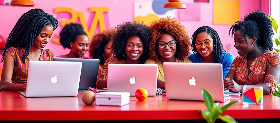 Empowered African women in business collaborating on AI design tools in a vibrant workspace.