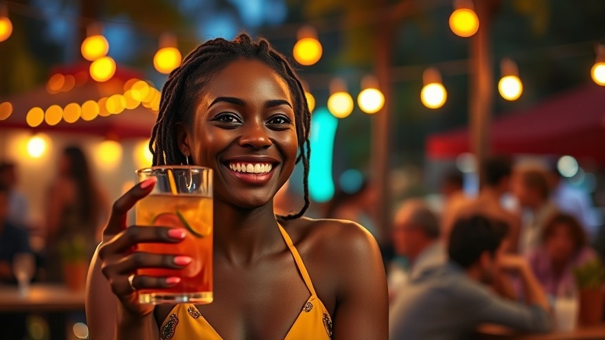 Amused African woman enjoying a vibrant night out, embodying a growth mindset for entrepreneurs.