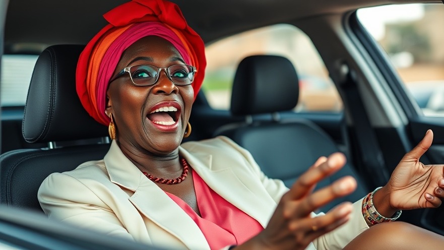 Energetic African woman in bright attire showcasing community bonding in a car.