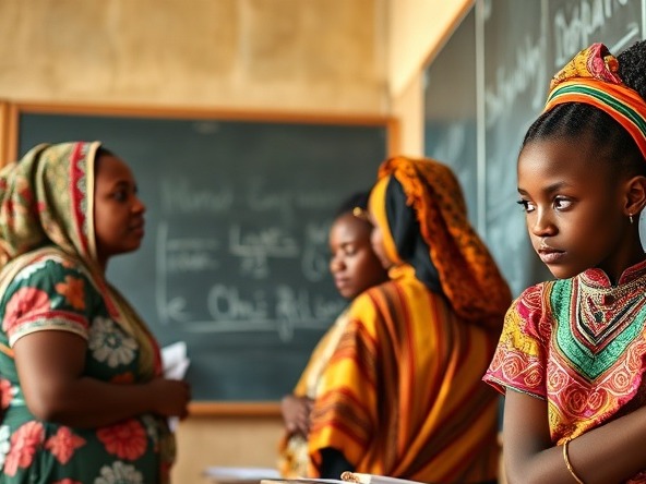 Two women and an African girl student in vibrant clothing writing on a blackboard.