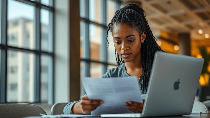 Focused young African Arab woman with bookkeeping services, reviewing documents at her laptop.