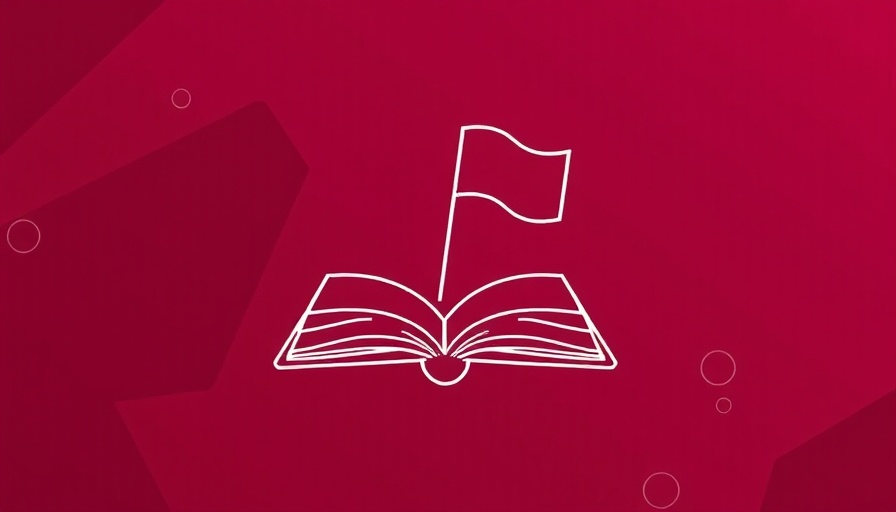Minimalist white line drawing of a book and flag on maroon background, business simulation.