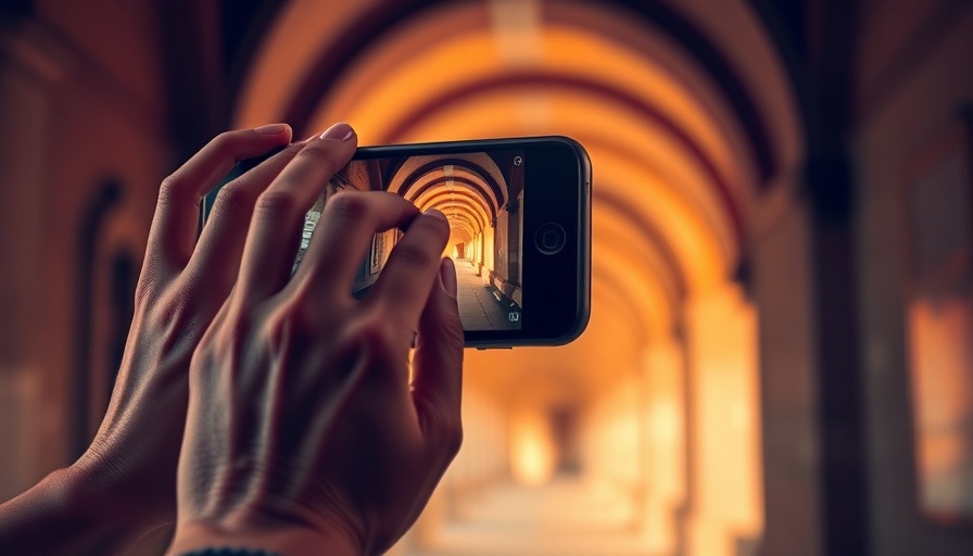 Hands holding a smartphone capturing an arched corridor, AI regulation.
