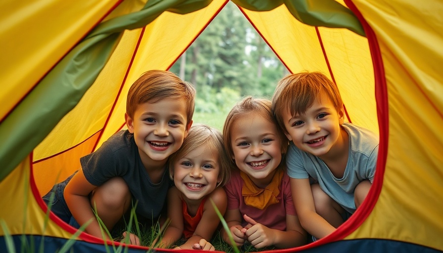 Happy kids enjoying camping with kids experience outdoors in a tent.