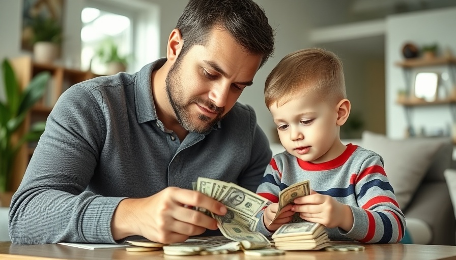 Father teaching son money skills, promoting financial literacy