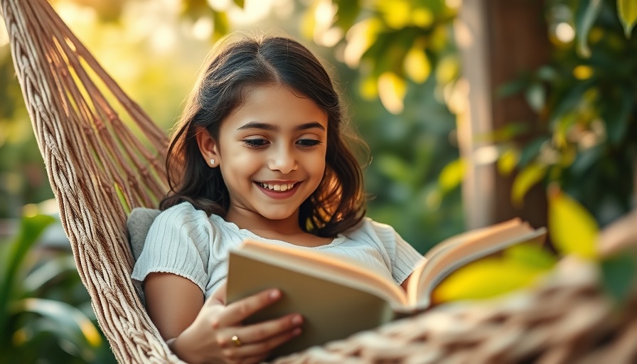 Young girl enjoying summer reading on a hammock.
