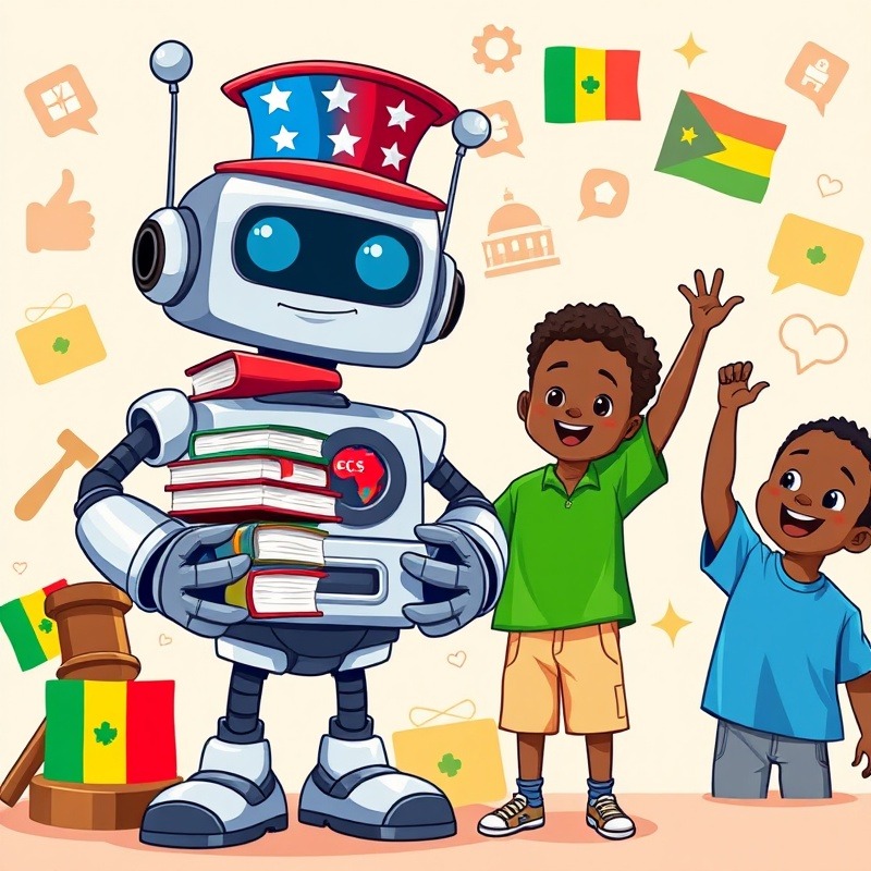 Animated robot and children with civics icons promoting civics education