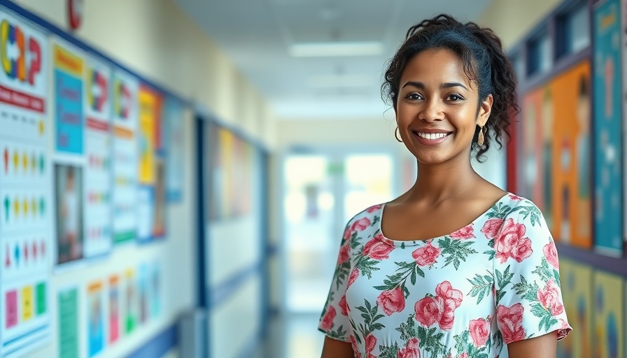 Smiling woman in school hallway, educational setting, vocabulary learning.