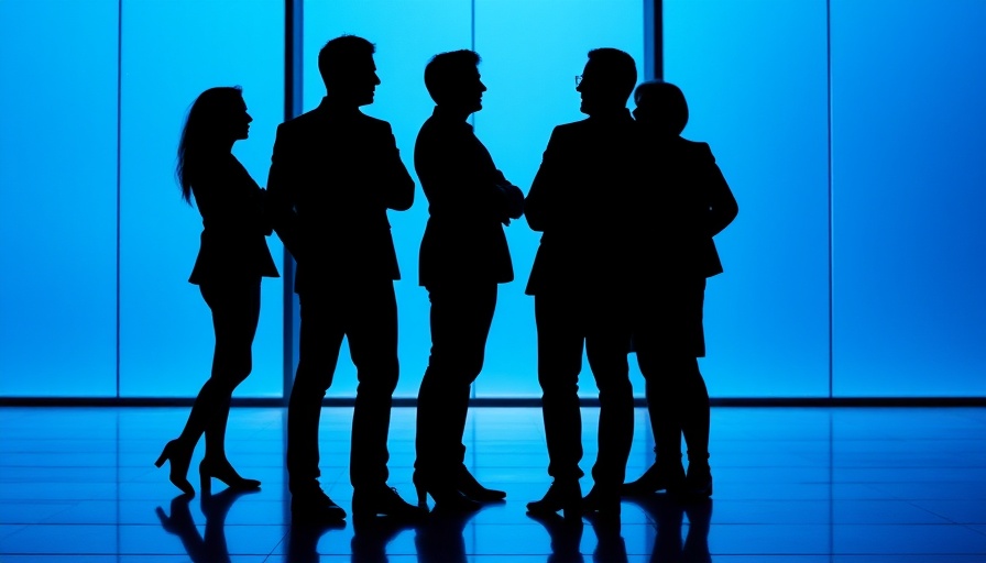 Silhouetted entrepreneurs discussing in bright blue corporate setting