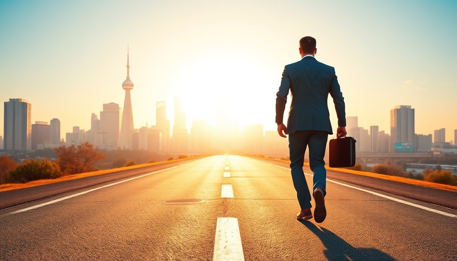 Entrepreneurial leadership scene of a man walking towards city skyline.