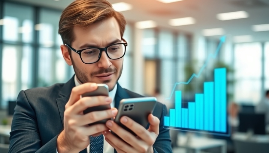 Entrepreneur analyzing growth data on phone, leadership concept