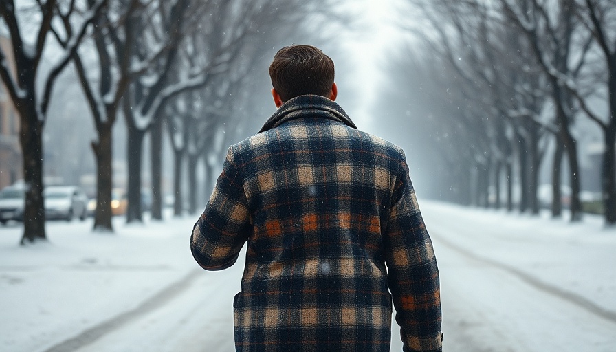 Person walking through a winter storm with bare trees.
