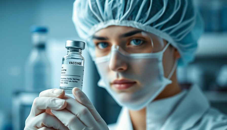 Scientist examines vaccine vial in flu vaccine production lab.