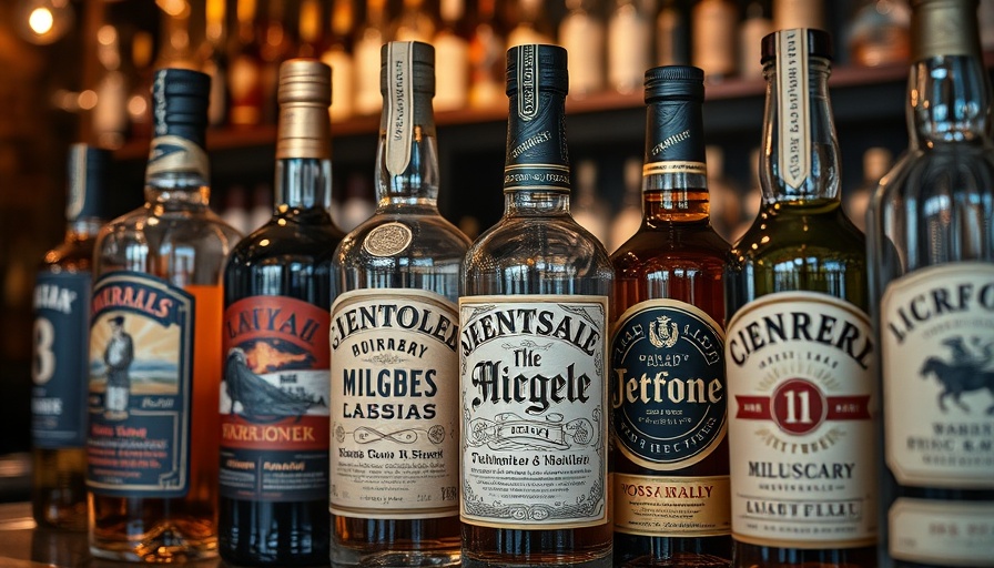 Unique and artistic alcohol labels on bottles, close-up view.