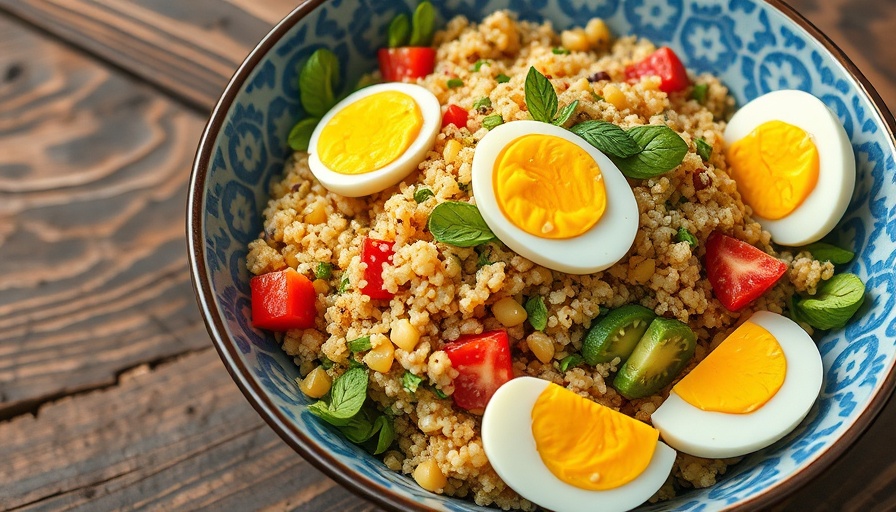 Mediterranean diet lunches: quinoa salad with eggs and greens