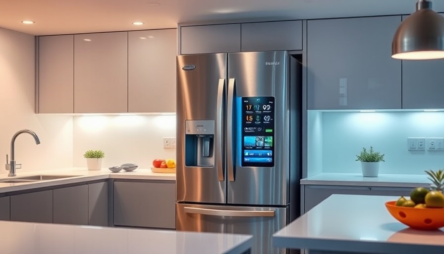 Samsung smart fridge in a modern kitchen setting.