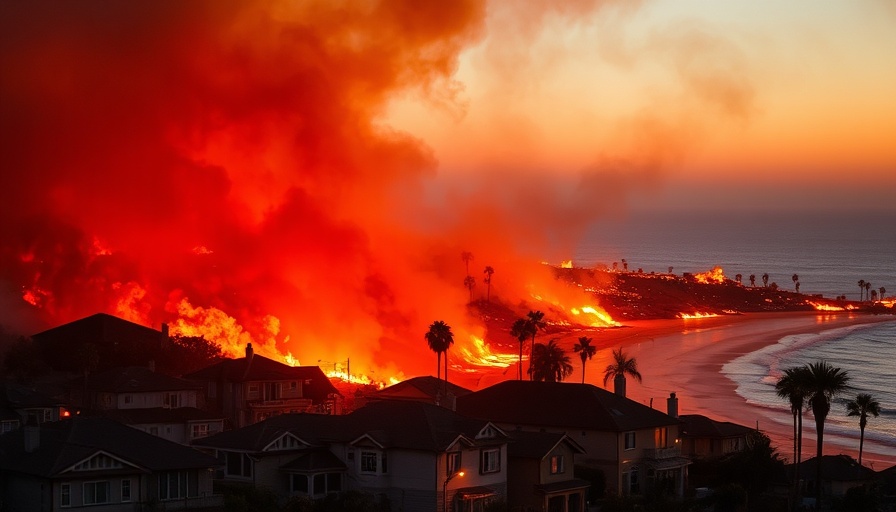 California wildfires ignite coastal homes at night, fiery orange glow.