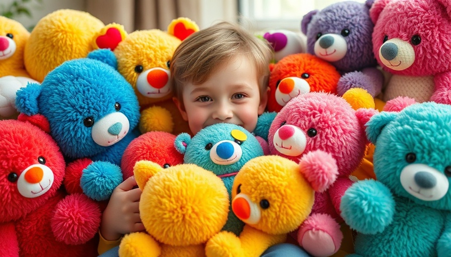Man surrounded by colorful plushies, playful atmosphere.