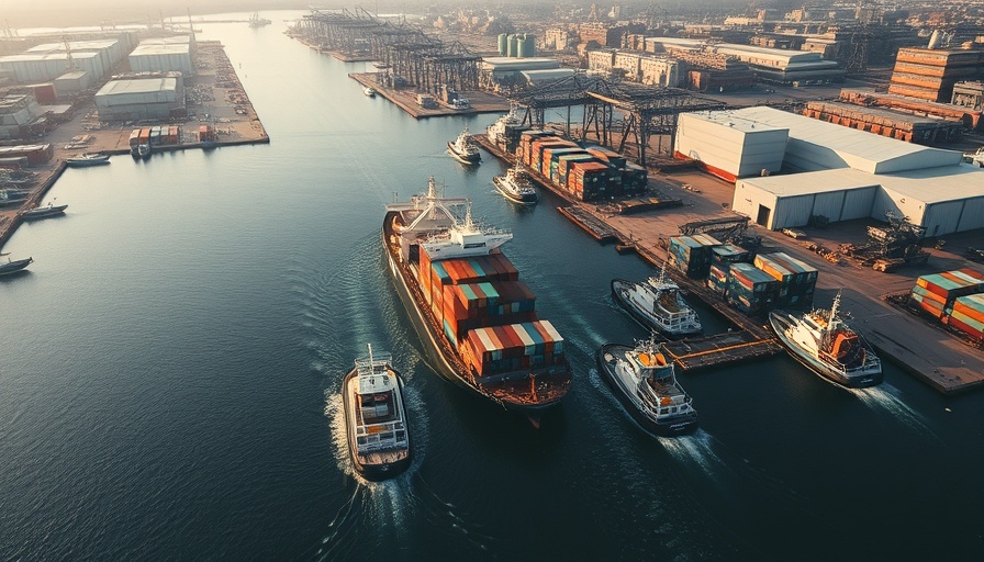 Aerial view of Tanga Port with cargo ships and urban backdrop.