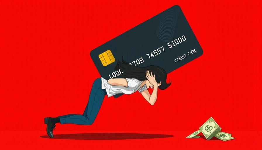 Graphic illustration of woman under large credit card representing debt.