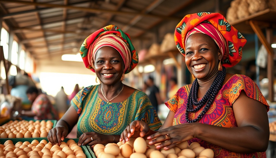 Women Entrepreneurs Africa managing egg stall in vibrant market setting.