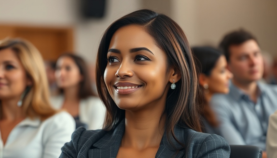 Confident woman embodies steadiness personality at leadership event.