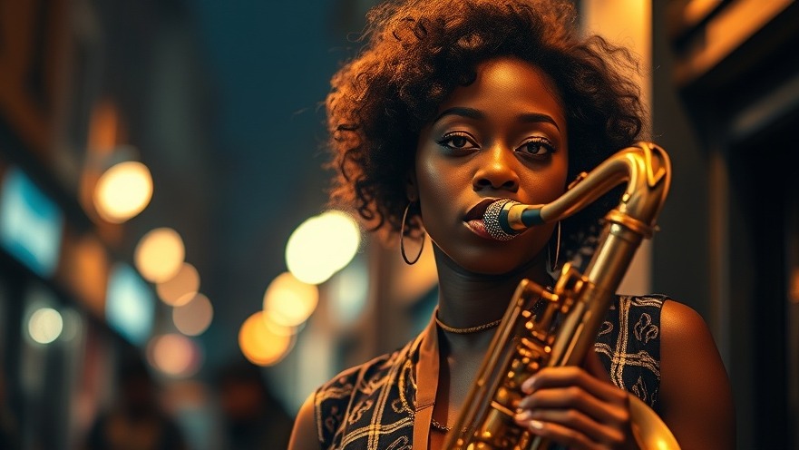 Stylish African woman musician playing saxophone in a warm-lit urban setting, embodying empowerment through smooth jazz.