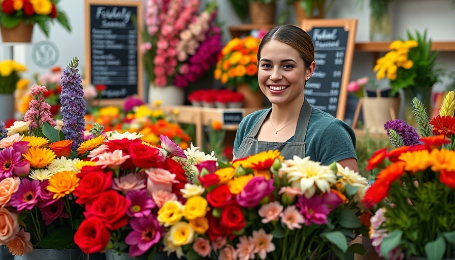 Smiling florist arranging flowers in a vibrant shop setting