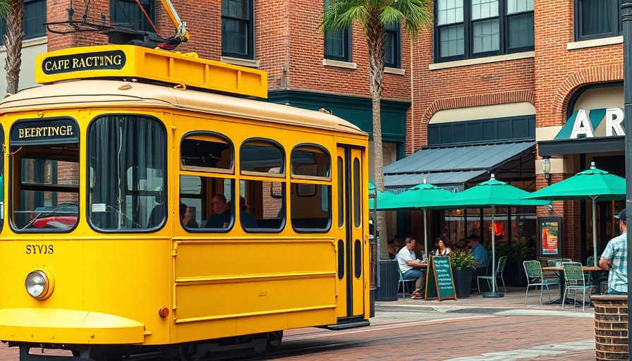Vibrant Tampa cafe with trolley, showcasing culinary magic.