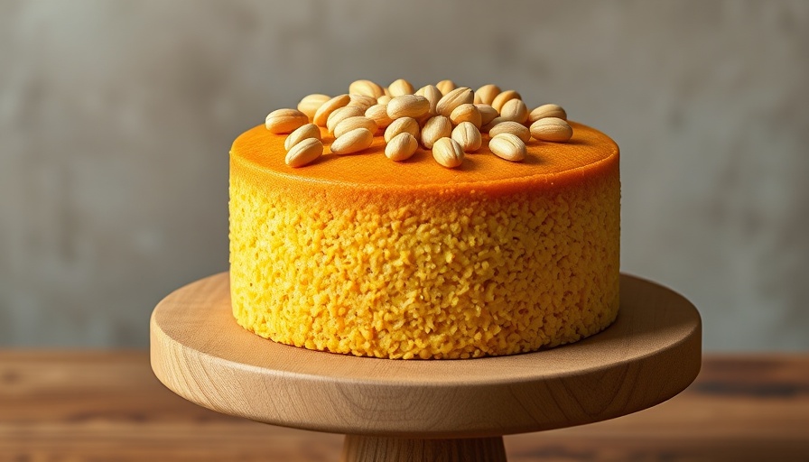Golden polenta cake with pine nuts on wooden stand, global recipes