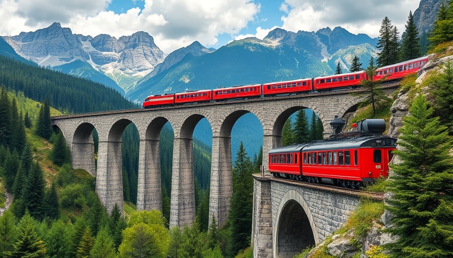 Red train crossing viaduct in lush mountains, sustainable travel concept.