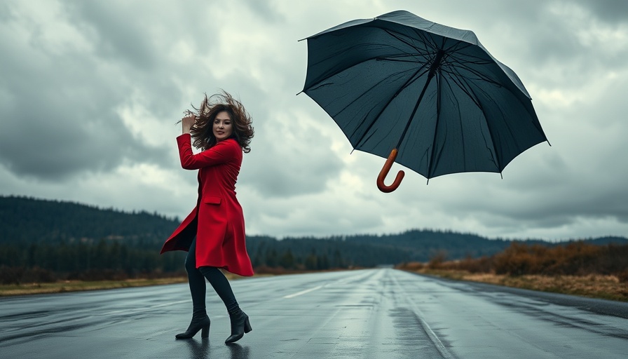 Woman demonstrating career resilience strategies in windy storm.