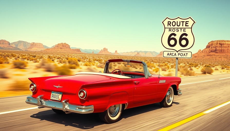 Classic red convertible on Arizona Route 66 road trip.