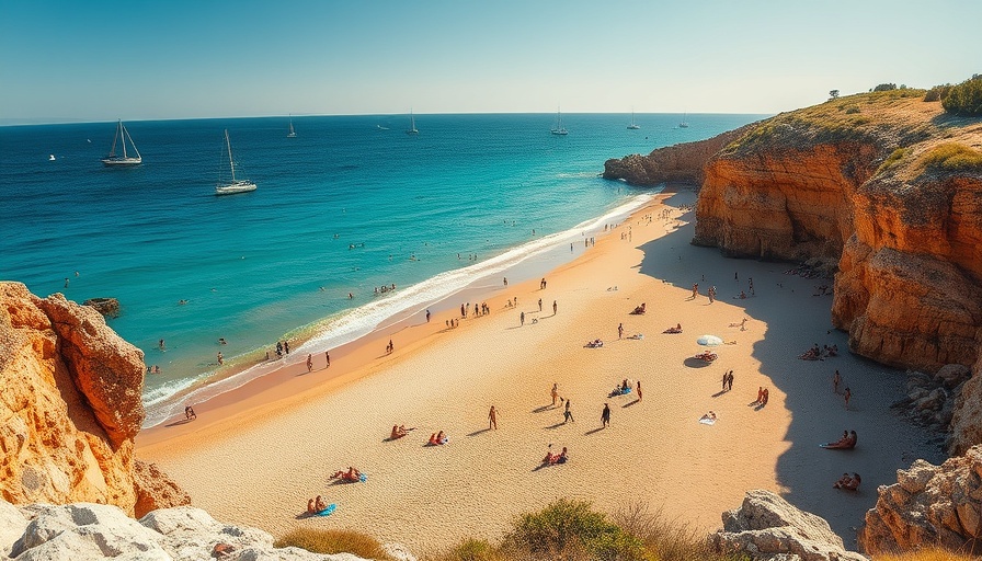 Vibrant beach scene with swimmers and sunbathers for travel inspiration.