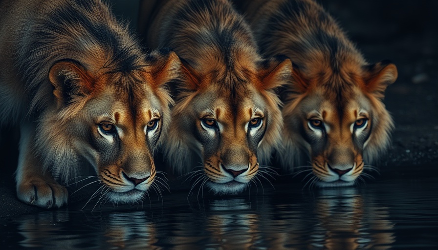 Three lions drinking water at night, showcasing noctourism.