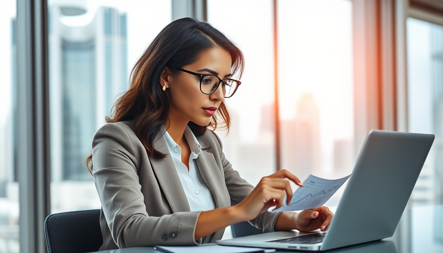 Confident businesswoman reviewing market data amid tariff challenges.