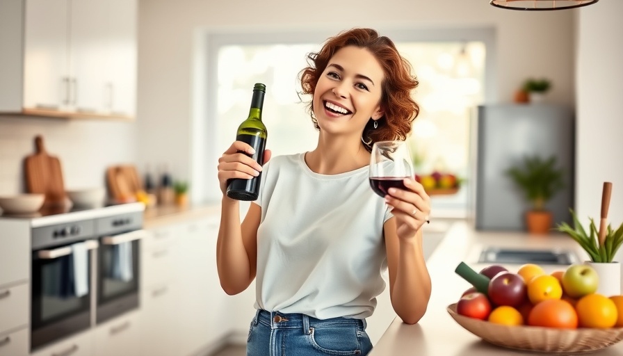 Joyful woman holding wine bottle in bright kitchen, travel inspiration.