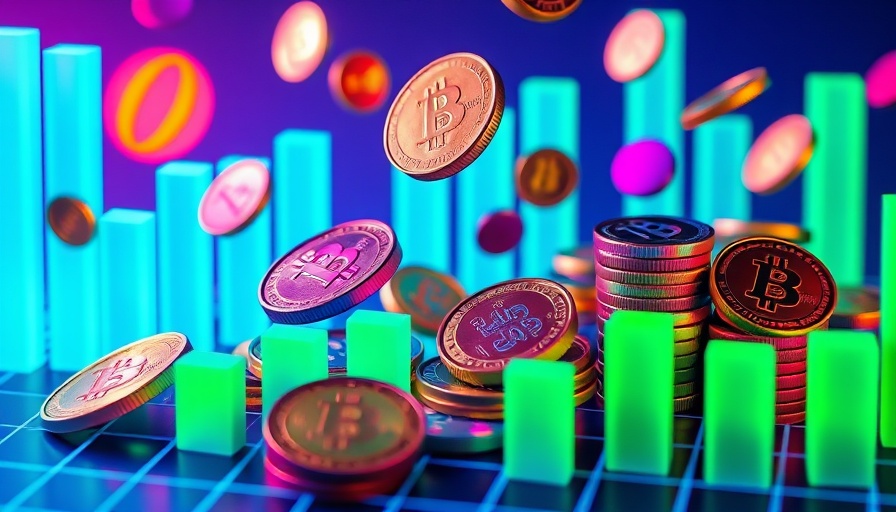 Colorful coins on grid background representing economic growth concepts.