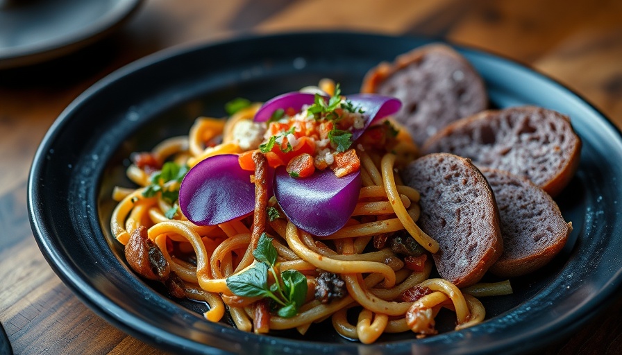 Innovative culinary dishes in Kuala Lumpur with purple bread and garnish.
