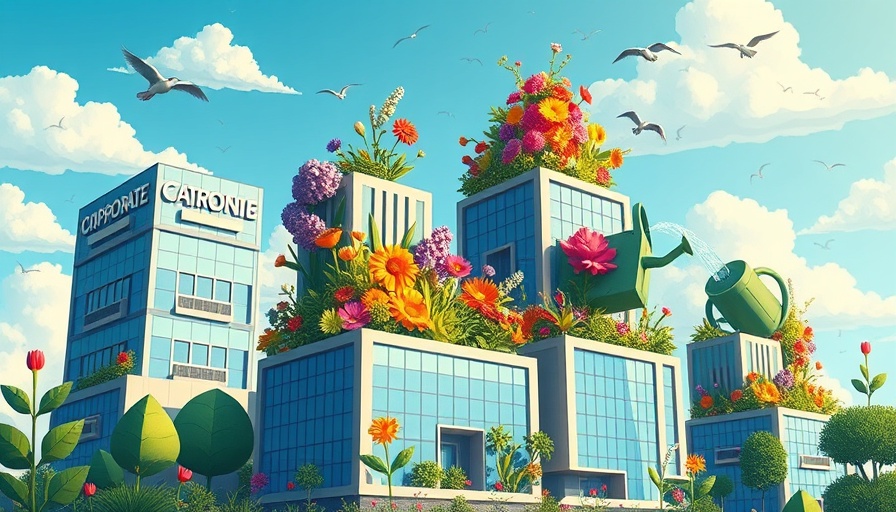 Whimsical image of buildings with flowers symbolizing corporate sustainability crisis.