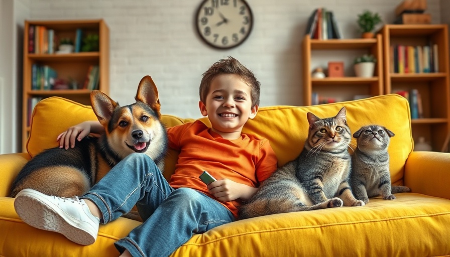 Child with corgi and cat on yellow couch; pet sitting business concept.