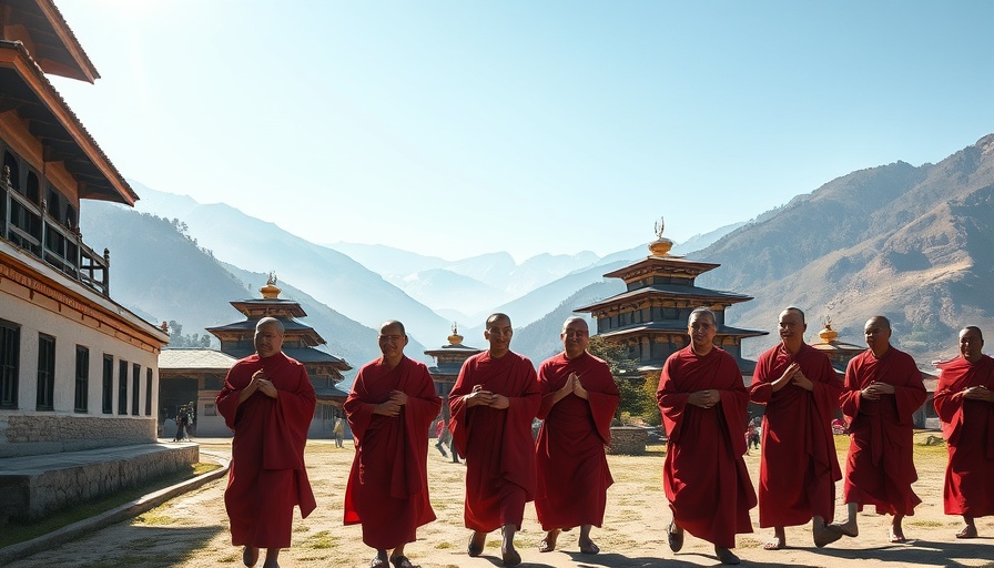 Monks in red robes near traditional Bhutanese building, illustrating 'Leading Global Teams Effectively'.