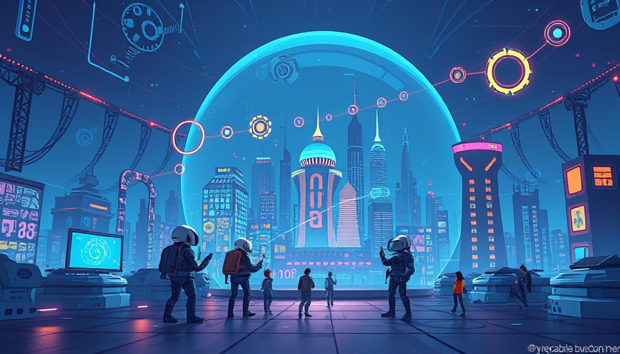 Women in digital safety and innovation concept art featuring a cityscape and tech.