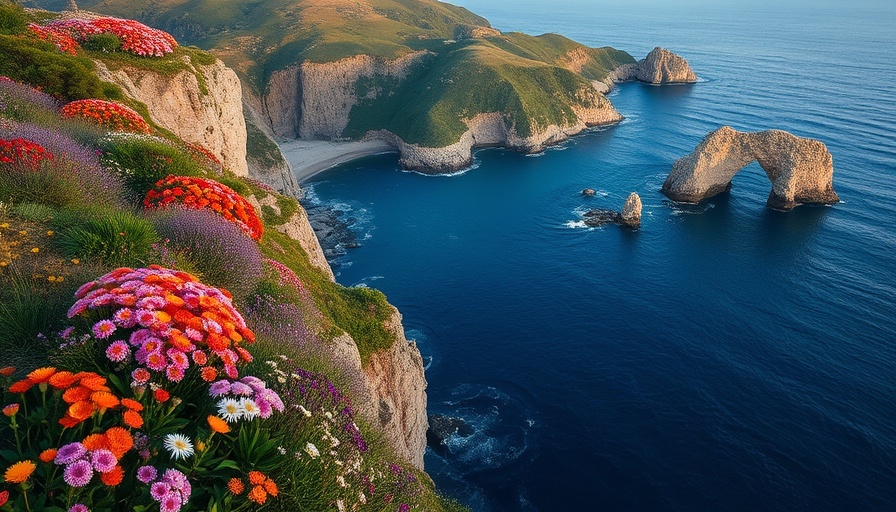 Scenic cliffside view with wildflowers and ocean for June travel destinations.